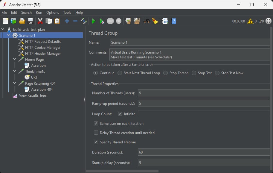 Screenshot of the default load test plan for Web Load Testing in JMeter