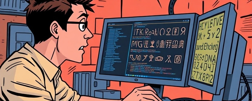 a programmer looking confused at hieroglyphs on his computer