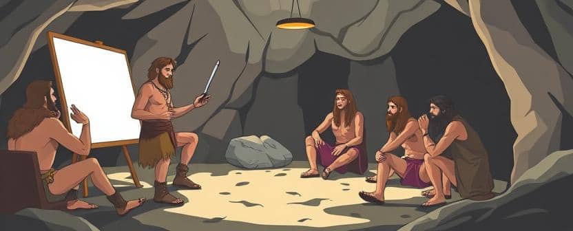 Cavemen holding a knowledge sharing session to increase their bus factor